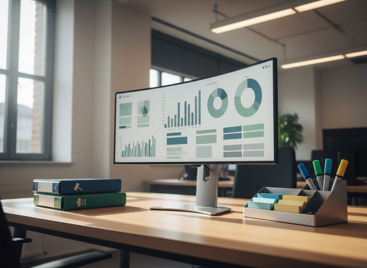 An expansive, clean workstation dedicated to public tender analysis: a wide ultrawide monitor shows abstract bar graphs, comparative charts, and neutral-colored blocks suggesting bid evaluation metrics, with no readable text. Below, color-coded binders labeled with generic icons (gavel, building, shield) represent legal, procurement, and compliance documentation. A metal desk organizer holds index cards and highlighters grouped by color. Natural daylight from a side window mixes with soft overhead lighting, casting delicate shadows and a bright, focused working mood. Captured from a slightly elevated three-quarter angle, the composition follows the rule of thirds, with the monitor as the focal point and supporting materials leading the eye across the frame. The photographic style is clean, analytical, and corporate.