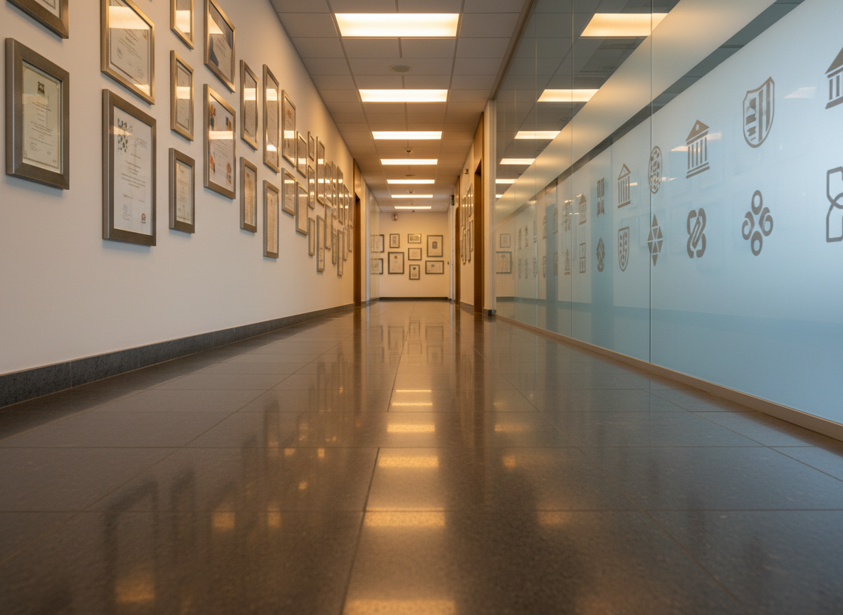 A formal, polished hallway of an institutional office, with glossy stone flooring reflecting subtle ceiling lights and walls lined with framed, abstract certificates and award plaques without legible text. Along one side, a frosted-glass panel features etched icons resembling government buildings, shields, and stylized client-logo shapes, suggesting a portfolio of successful licitaciones públicas projects. Warm, evenly distributed lighting creates a welcoming yet authoritative atmosphere. Shot from a low, slightly forward-tracking perspective, the composition draws the eye down the corridor, implying depth, continuity, and stability. The photographic realism emphasizes textures of stone, glass, and brushed metal details, reinforcing a mood of credibility, experience, and long-term institutional presence.