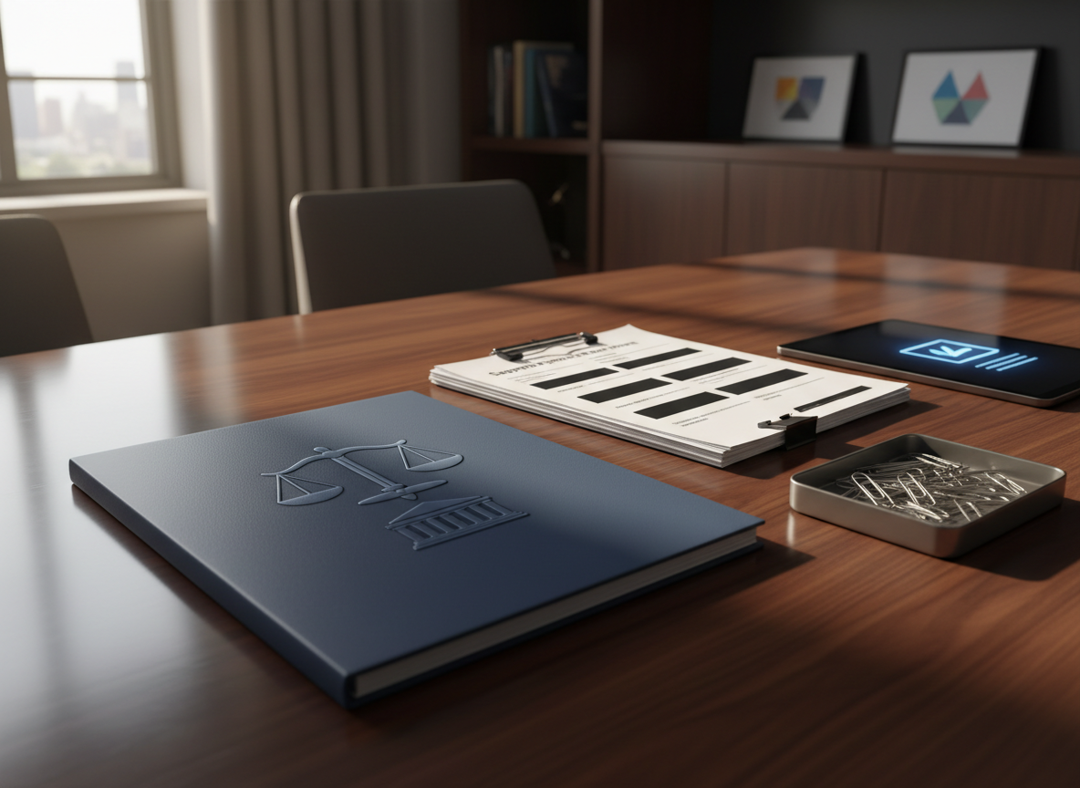 A close-up of a matte-finish dark blue folder embossed with a stylized scale of justice and a minimal government building outline, lying on a polished wooden boardroom table. Next to it, a neatly stacked pile of supplier registration forms with blocked-out fields, a metal paperclip tray, and a sleek tablet showing an abstract checklist icon represent supplier registration and compliance services. Warm, directional light from a side window creates soft highlights on the folder’s texture and gentle shadows across the table. The background fades into a tasteful blur of shelves and framed abstract certificates, enhancing a mood of rigorous professionalism. Captured with a shallow depth of field in photographic realism, using the rule of thirds to draw the eye to the folder’s emblem.
