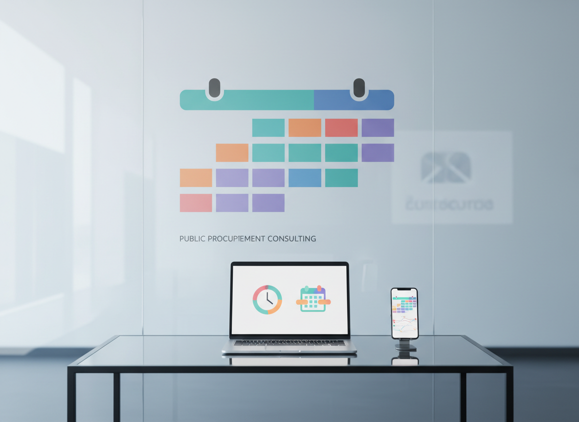 A minimalist, glass office wall with a large, translucent calendar graphic and colorful, non-text blocks indicating appointment slots, symbolizing online booking for public procurement consulting. In front, a slim metal-framed desk holds an open laptop displaying a simplified clock and calendar icon interface, alongside a smartphone docked upright with matching abstract schedule visuals. Cool, soft studio lighting evenly illuminates the scene, creating gentle reflections on the glass and desk surface without harsh shadows. The atmosphere is efficient, organized, and forward-looking. Photographed straight-on at eye level with a wide composition, keeping all elements in crisp focus. In the blurred background, subtle outline shapes hint at institutional buildings and corporate logos, reinforcing credibility in a clean, modern photographic style.