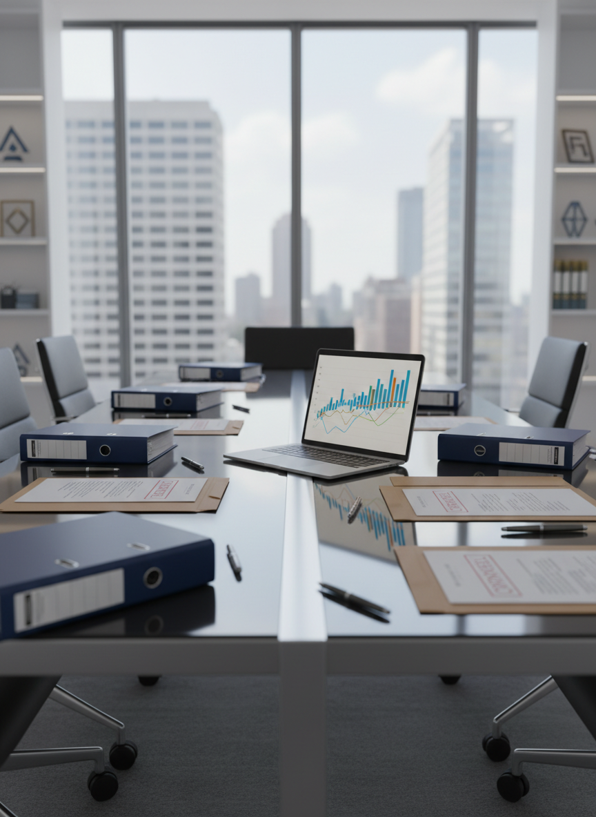 A sleek, glass-topped conference table covered with neatly arranged legal binders, stamped contract folders, metallic pens, and an open laptop showing abstract charts without readable text, symbolizing public procurement data. The table stands in a modern corporate meeting room with floor-to-ceiling windows overlooking a neutral city skyline. Soft daylight floods in, creating gentle reflections on the glass surface and subtle shadows from the documents. The atmosphere feels institutional, trustworthy, and orderly. Photographed at eye level with a slight angle along the table’s length, using a shallow depth of field so the foreground documents are crisply detailed while the background cityscape and shelves with minimalist, logo-like icons blur into a professional, photographic realism.