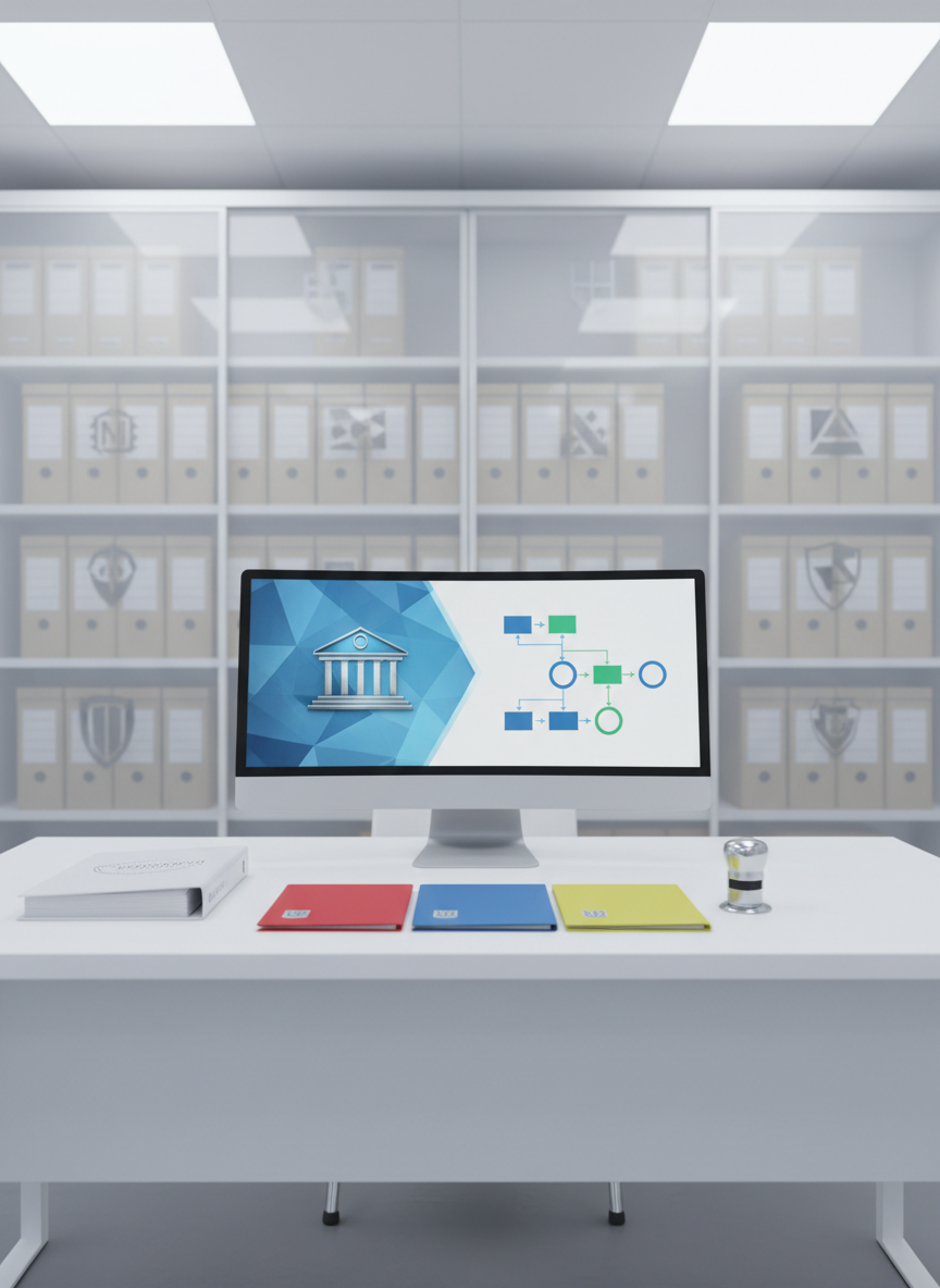 A pristine white desk in a contemporary office, featuring a large computer monitor displaying an abstract government building icon and simplified workflow diagrams without text, representing licitaciones públicas management. Around the monitor lie color-coded folders, a metal stamp, and a closed, embossed binder suggesting compliance policies. Behind the desk, a wall of frosted-glass cabinets holds neatly labeled archive boxes and subtle, generic emblem shapes standing in for client logos. Cool, diffused overhead lighting creates a balanced, shadow-free scene that feels orderly and credible. Shot from a slightly elevated angle with sharp focus throughout, the composition is centered and symmetrical, emphasizing clarity, transparency, and institutional reliability in a clean, photographic style.